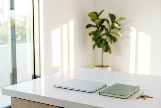 "A closed silver laptop and a closed sage leather notebook on a sunlit white kitchen counter, illustrating how to keep your California small claims case private when using ChatGPT or Claude after the Heppner ruling