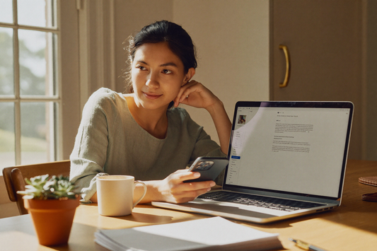 Woman at a sunlit kitchen table comparing ChatGPT answers on her phone with a California small claims case on her laptop