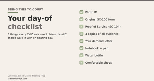 Day-of checklist of 8 paperwork and comfort items to bring to a California small claims court hearing