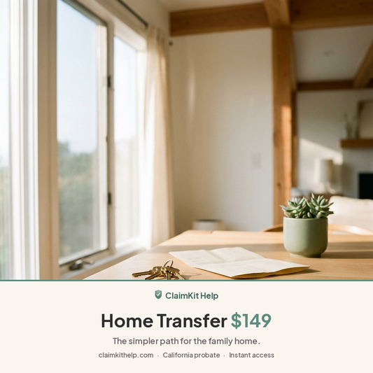 Sunlit California home with house keys and a document on a wood table. ClaimKit Help Home Transfer Kit, the AB 2016 probate path, $149.