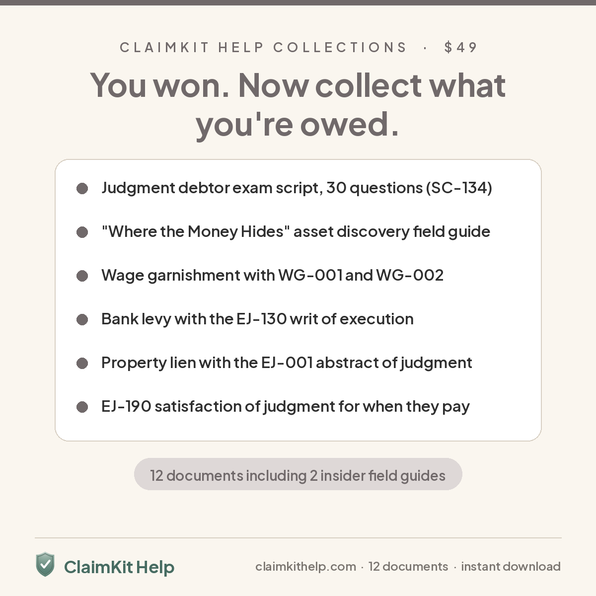 What's inside ClaimKit Help Collections: debtor exam script SC-134, asset discovery field guide, wage garnishment WG-001 and WG-002, bank levy EJ-130, lien EJ-001, EJ-190. 12 documents, $49