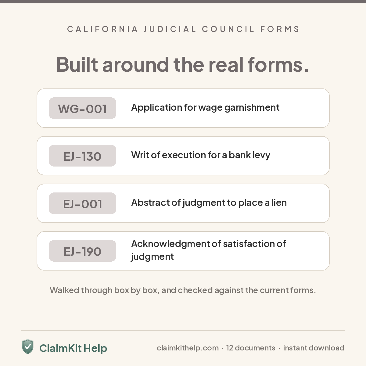 Built around the real California Judicial Council forms: WG-001, EJ-130, EJ-001, EJ-190